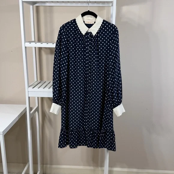 Tory Burch Navy Polka Dot silk Dress w/ white scalloped collar size 2 LIKE NEW - Picture 6 of 16
